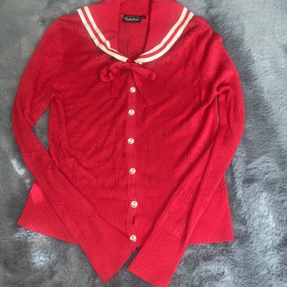 RED VOODOO VIXEN RETRO Sailor L ROCKABILLY 60S CARDIGAN SWEATER - Picture 5 of 5